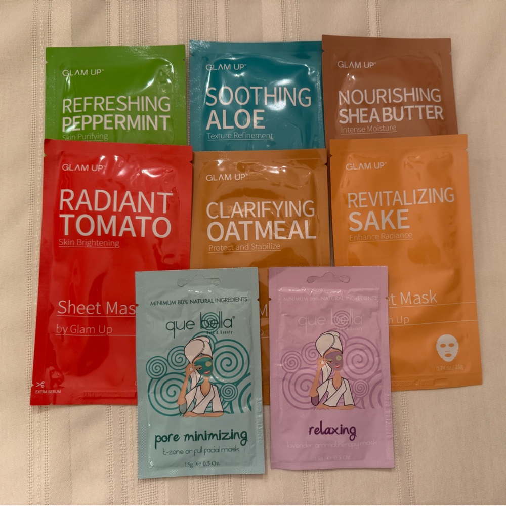 Lot of 8 Assorted Facial Masks - Glam Up and Que Bella